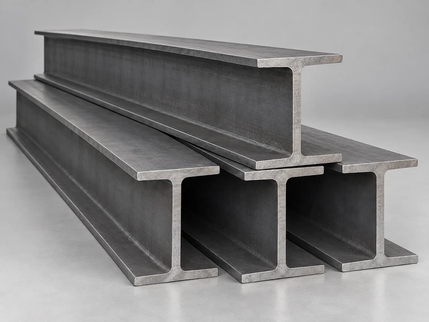 Structural steel I-beams arranged on a neutral studio background
